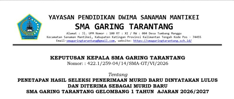 57 CALON MURID BARU LOLOS SELEKSI TAHAP I SPMB SMA GARING TARANTANG TAHUN AJARAN 2026/2027